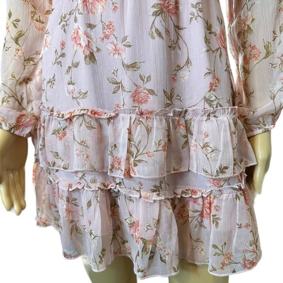 Divided Floral Bohemian Dress Medium M Baby Pink Back-Laced Lined Layered Ruffle - Picture 7 of 12